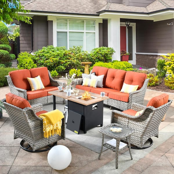 weaxty W Tulip M Gray 6-Piece Wicker Patio Storage Fire Pit Conversation Set with Swivel Rocking Chairs and Orange Red Cushions