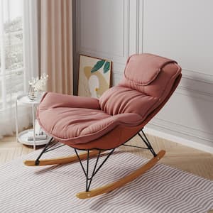 Pink Velvet Rocking Chair with Double Wing Backrest, Headrest, Detachable and Washable Seat Cushion Cover