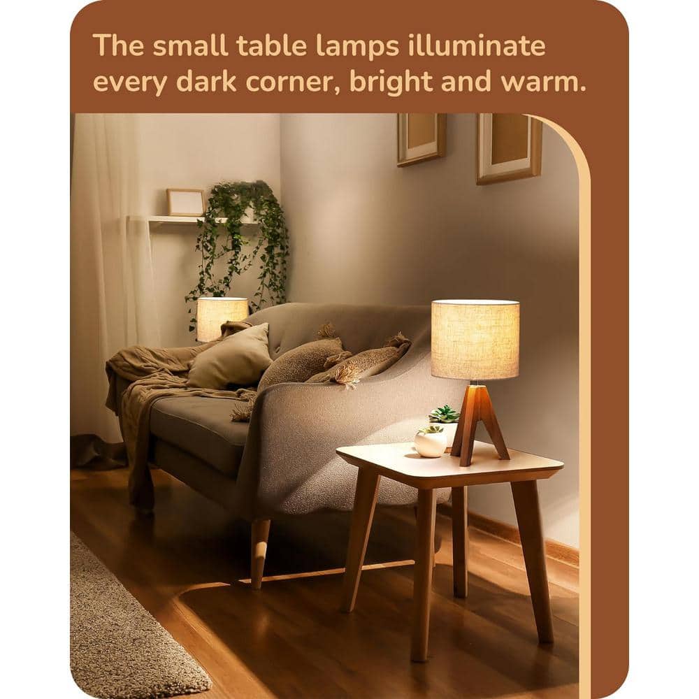 14.2 in. Light Brown Wooden Base Table Lamp Set with Beige Shade and Tripod (Set of 2)