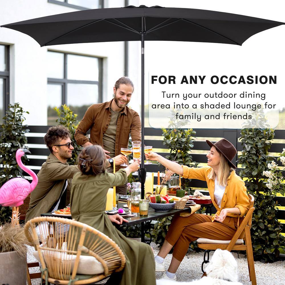 Black Rectangular Steel Market Patio Umbrella with Crank Lift and Push-Button Tilt