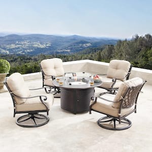 Finland Luxurious Antique Copper 5-Piece Aluminum Patio Fire Pit Deep Seating Set with Tan Beige Cushions
