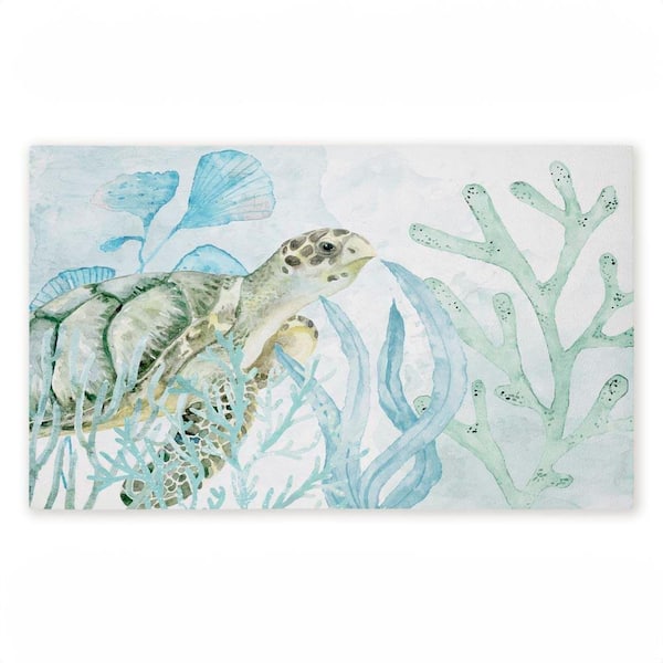 Turtle In The Sea Blue 18 in. x 30 in. Polyester Non-Slip Outdoor Door Mat