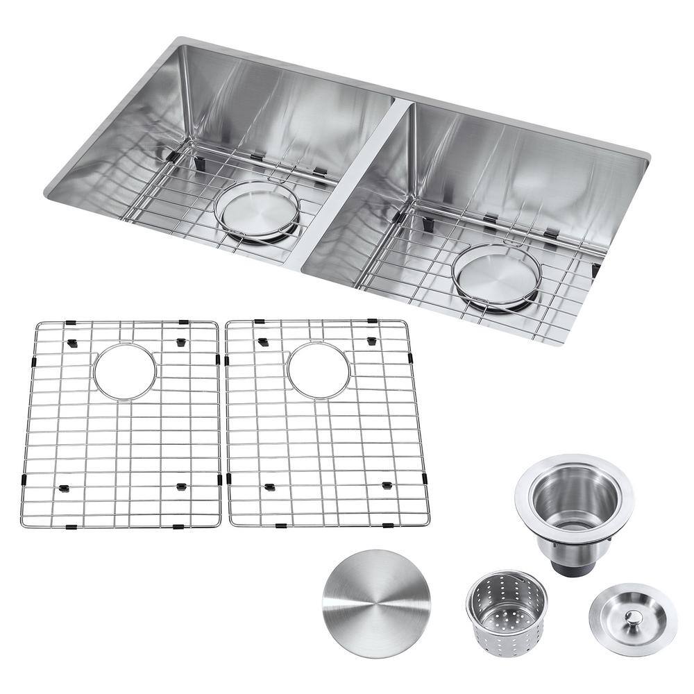 Akicon 18-Gauge Stainless Steel 32 in Double Bowl Undermount Kitchen Sink with Strainer and Bottom Grid, Silver -  AKE321809R10