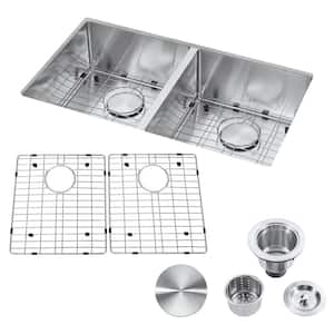 18-Gauge Stainless Steel 32 in Double Bowl Undermount Kitchen Sink with Strainer and Bottom Grid