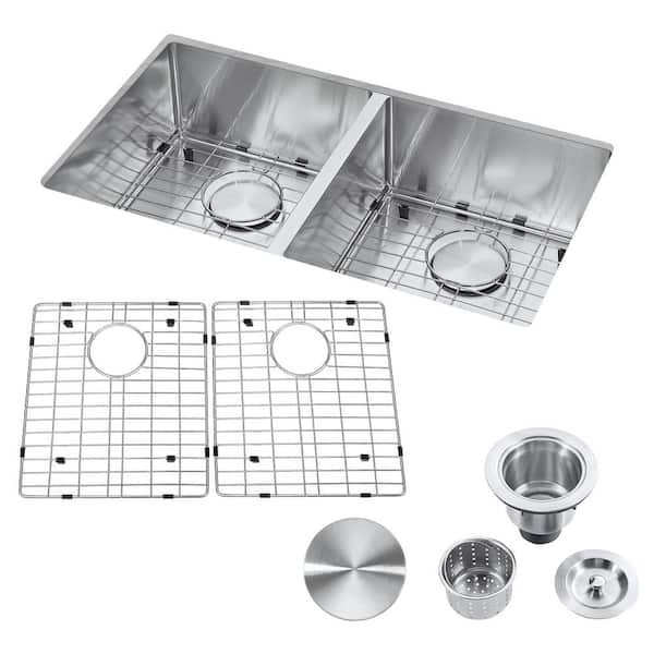 Akicon 18-Gauge Stainless Steel 32 in Double Bowl Undermount Kitchen Sink with Strainer and Bottom Grid