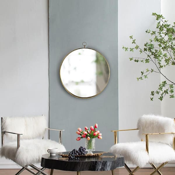 Gold 24 in. W x 28 in. H Art Deco Round Glass Framed Mirror Wall Mirror Wall Decor Mirror Bathroom Vanity Mirror