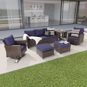 6-Piece Patio Conversation Set Brown Wicker with Swivel Rocking Chair and Side Table, Navy Blue