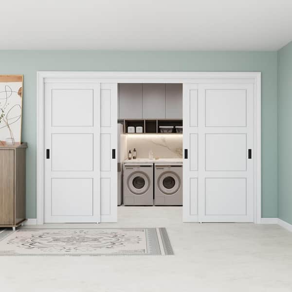 120 in. x 96 in. Paneled 3-Lite Blank Pattern White Primed MDF Sliding Door with Hardware and Black Handles