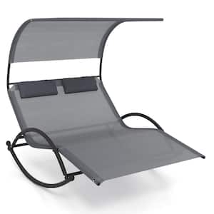 Metal Patio Double Outdoor Chaise Lounge in Gray with Sun Shade Canopy Detachable Headrests 2-Person