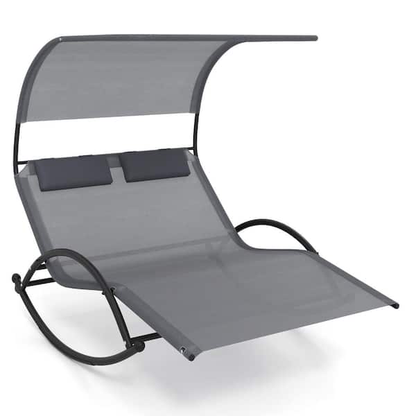 ANGELES HOME Metal Patio Double Outdoor Chaise Lounge in Gray with Sun Shade Canopy Detachable Headrests 2-Person