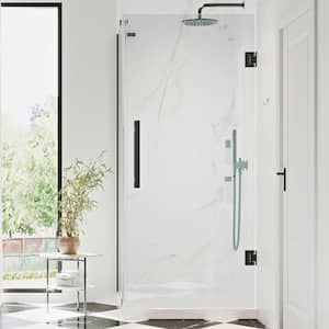 Tampa-Pro 32in. L x 32in. W x 75in. H Corner Shower Kit w/Pivot Frameless Shower Door in Black w/Shelves and Shower Pan