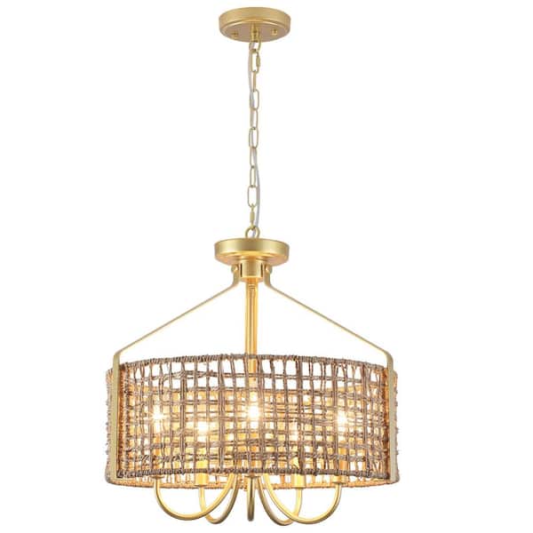 ZJVAIVE 5-Light Gold Hanging Ceiling Candlestick Linear Chandelier Lighting with Rattan Shaded for Kitchen Island