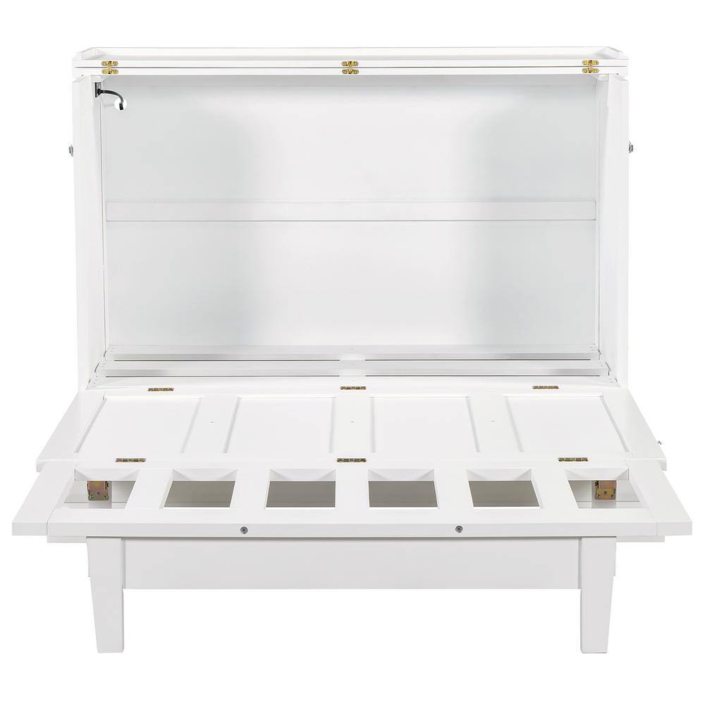 White Wood Frame Queen Size Murphy Bed, Chest Cube Cabinet Bed with Charging Station and Large Storage Drawer - thumbnail 9