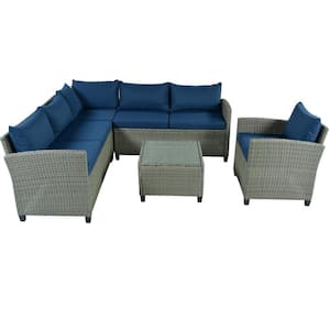 Gray 5-Piece Wicker Outdoor Patio Conversation Set with Blue Cushions