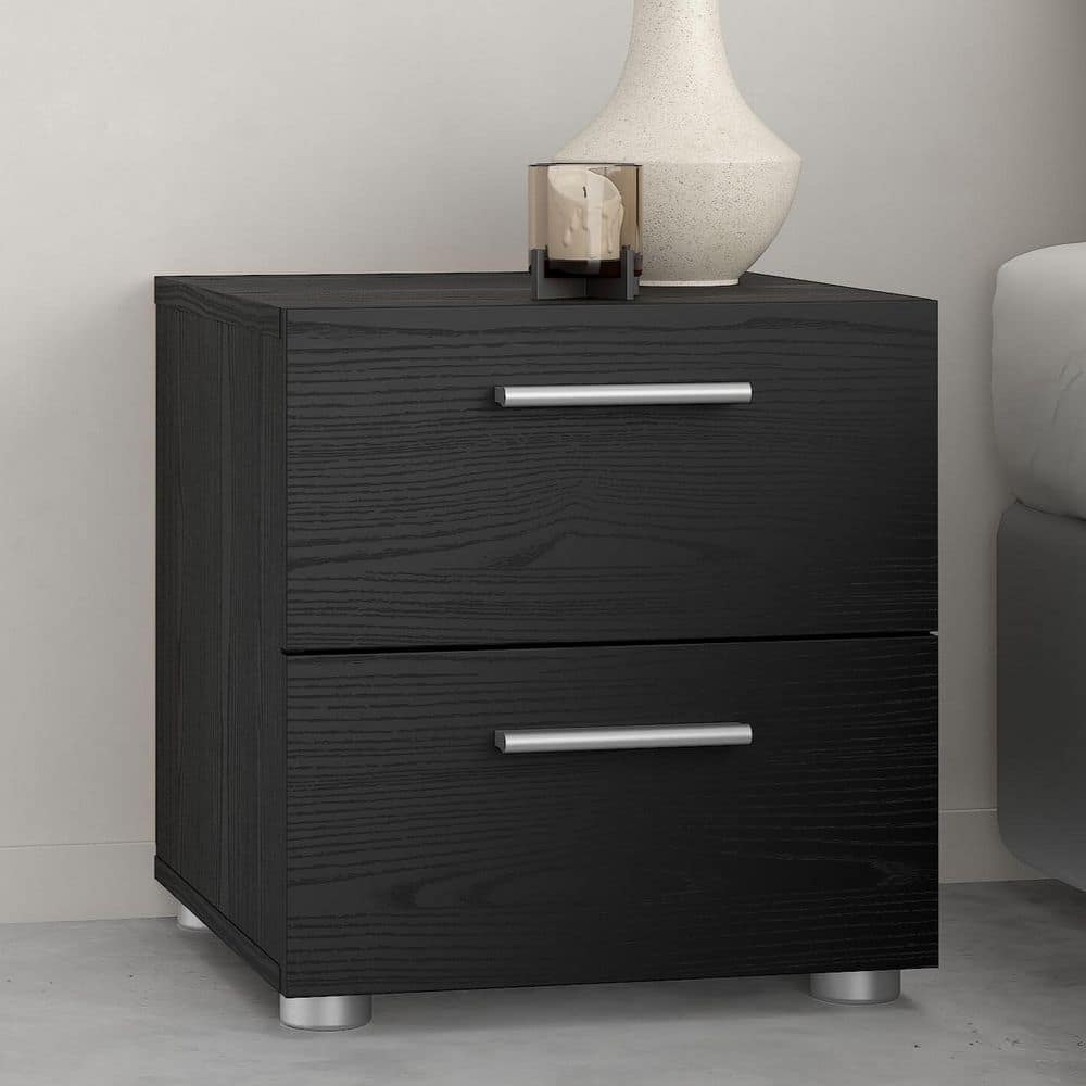 Black Woodgrain 2-Drawer Nightstand with Metal Handles