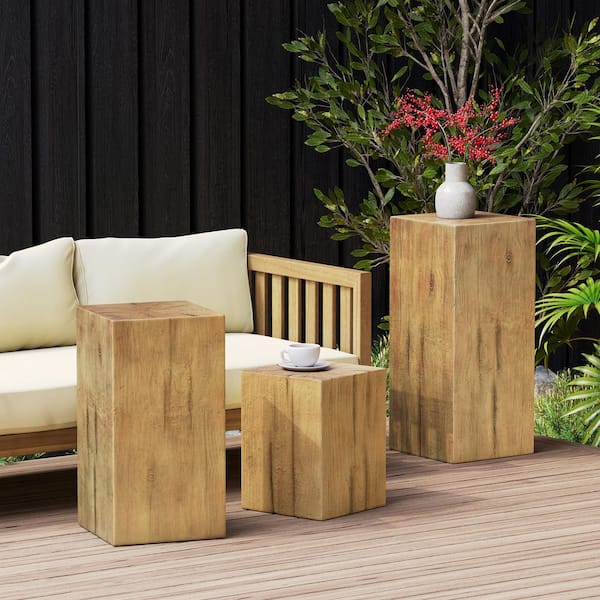 Axis Patio 3-Piece Wood-Look Square-Column Fiberglass and Magnesium Oxide(MGO) Outdoor Side End Table Set, Natural
