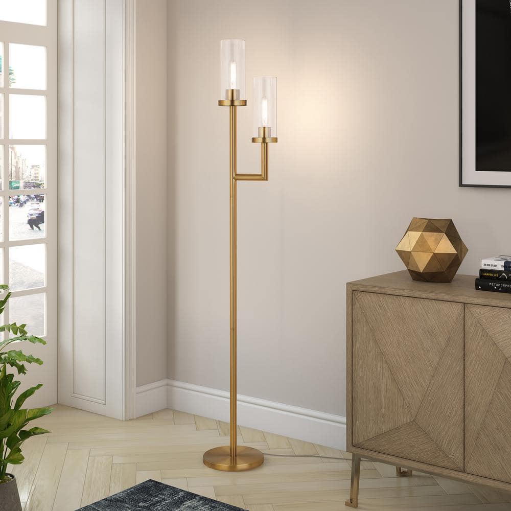 Dual-Light Torchiere Floor Lamp in Brass with Clear Glass Shades
