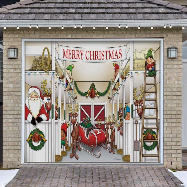 My Door Decor 7 ft. x 8 ft. Santa's Reindeer Barn Holiday Garage Door Decor Mural for Single Car Garage