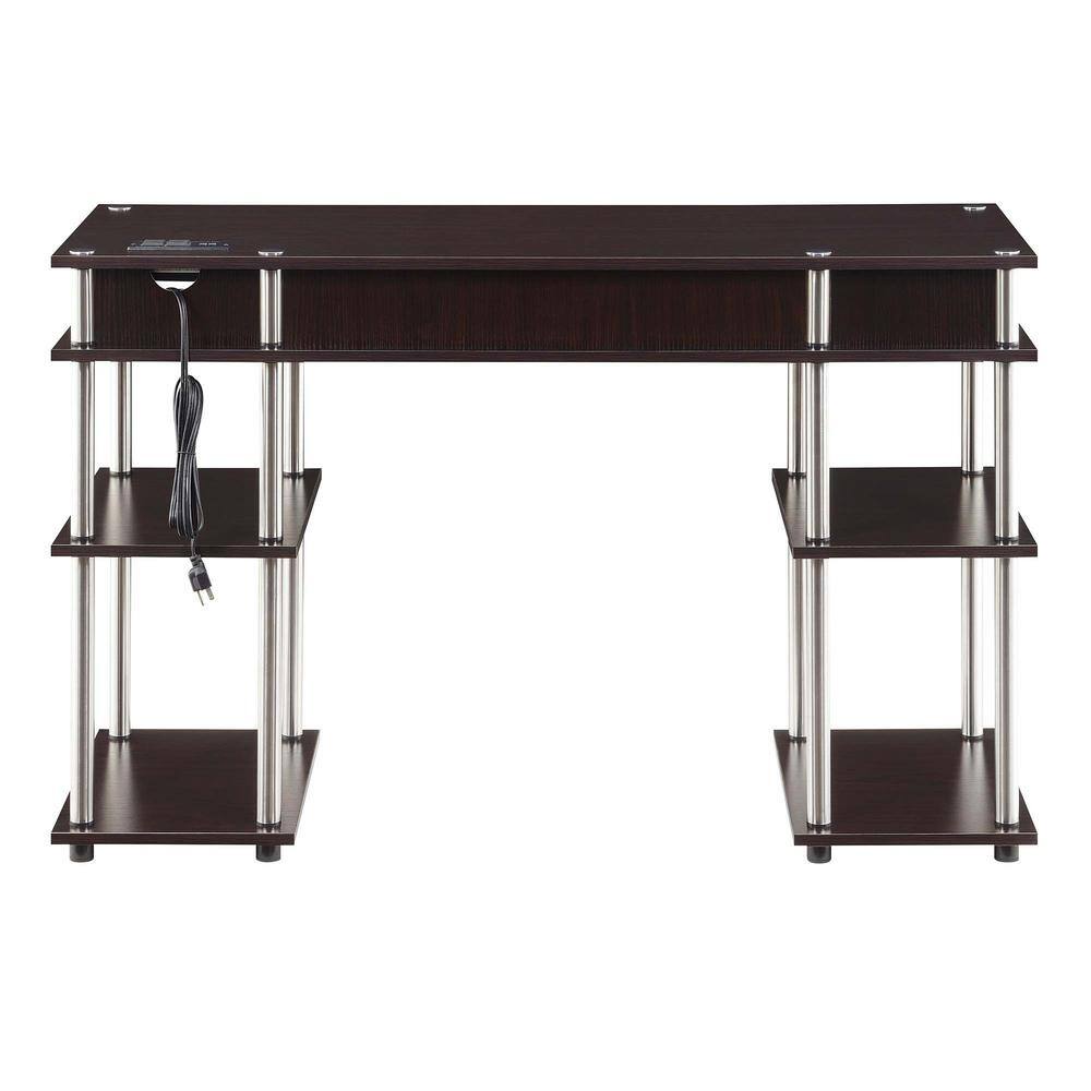 Espresso Modern Writing Desk with USB Charging Station and Shelves