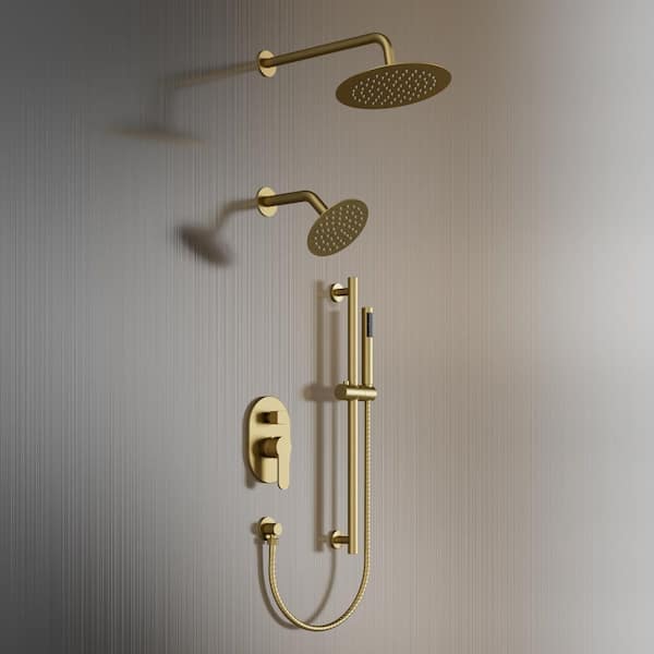 Crozet 3-Spray 10 in. Wall Mount Dual Fixed and Handheld Shower Head Shower Faucet Hand Shower 2.5 GPM in Brushed Gold