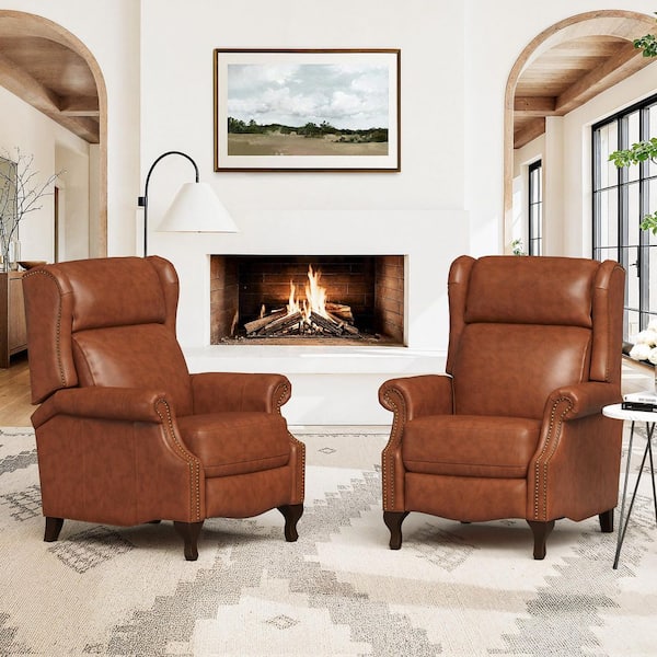 Balderich Mid-Century 35 in. Camel Genuine Leather Recliner Armchair with Nailhead Accents (Set of 2)