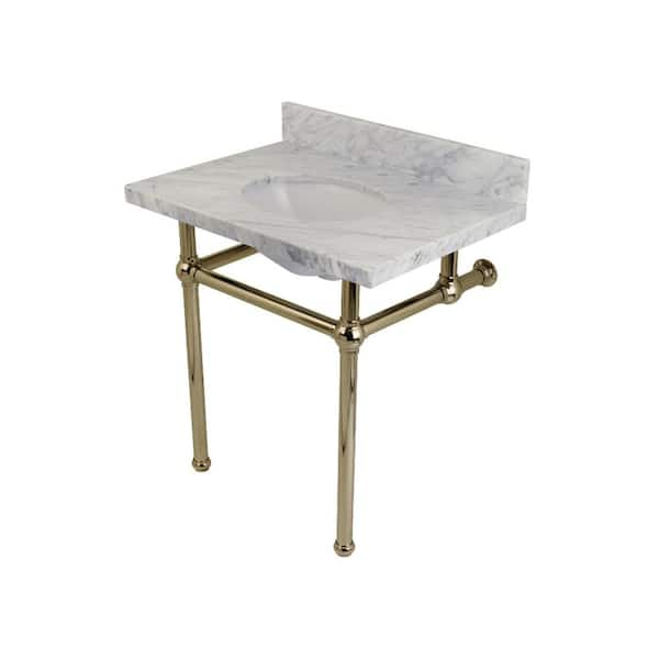 Kingston Brass Washstand 30 in. Console Table in Carrara Marble White with Metal Legs in Polished Nickel