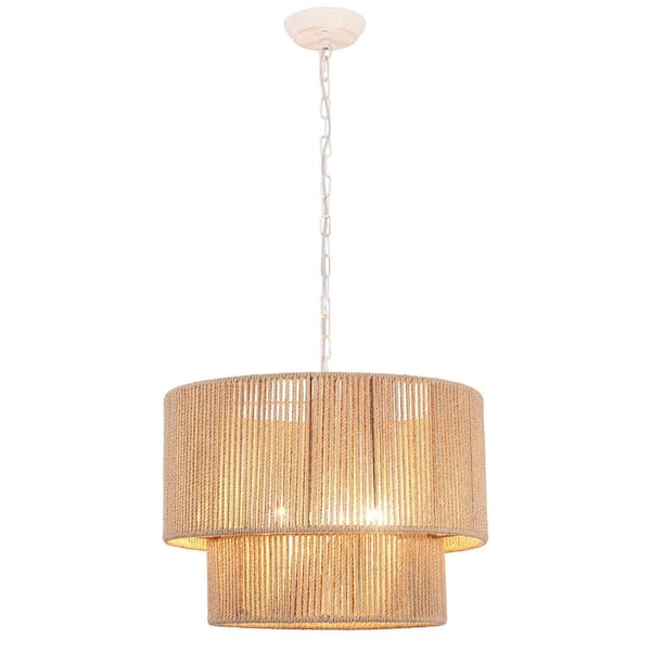 5 Light Distressed White Hemp Rope Bohemian Drum Chandelier for Living Room Dining Room Bedroom no bulbs included