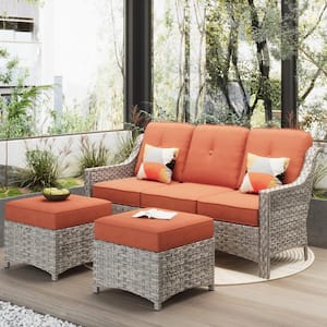 Eureka Grey 3-Piece Modern Wicker Outdoor Patio Conversation Sofa Seating Set with Red Cushions
