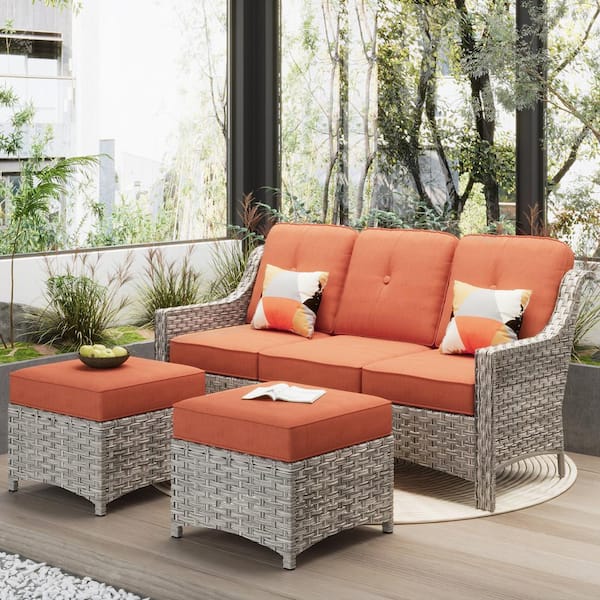 Toject Eureka Grey 3-Piece Modern Wicker Outdoor Patio Conversation Sofa Seating Set with Red Cushions