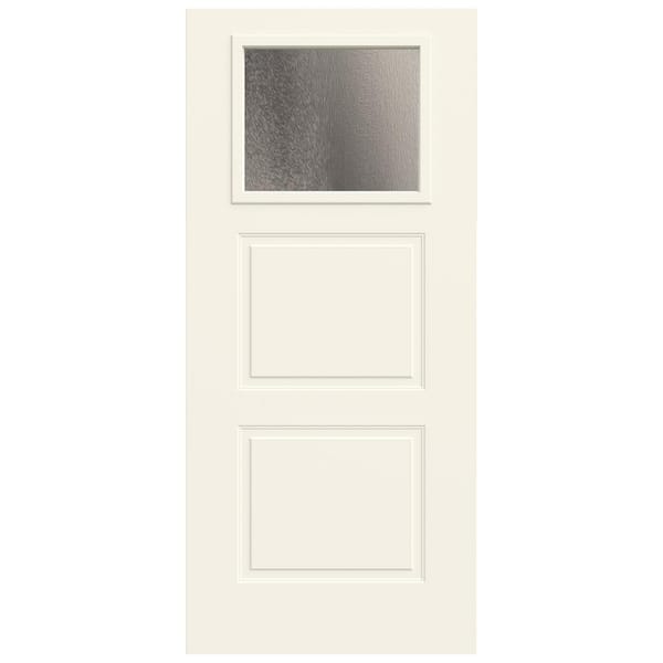 JELD-WEN 36 in. x 80 in. 2 Panel Right-Hand/Inswing 1/4 Lite Chin.illa Decorative Glass White Steel Front Door Slab