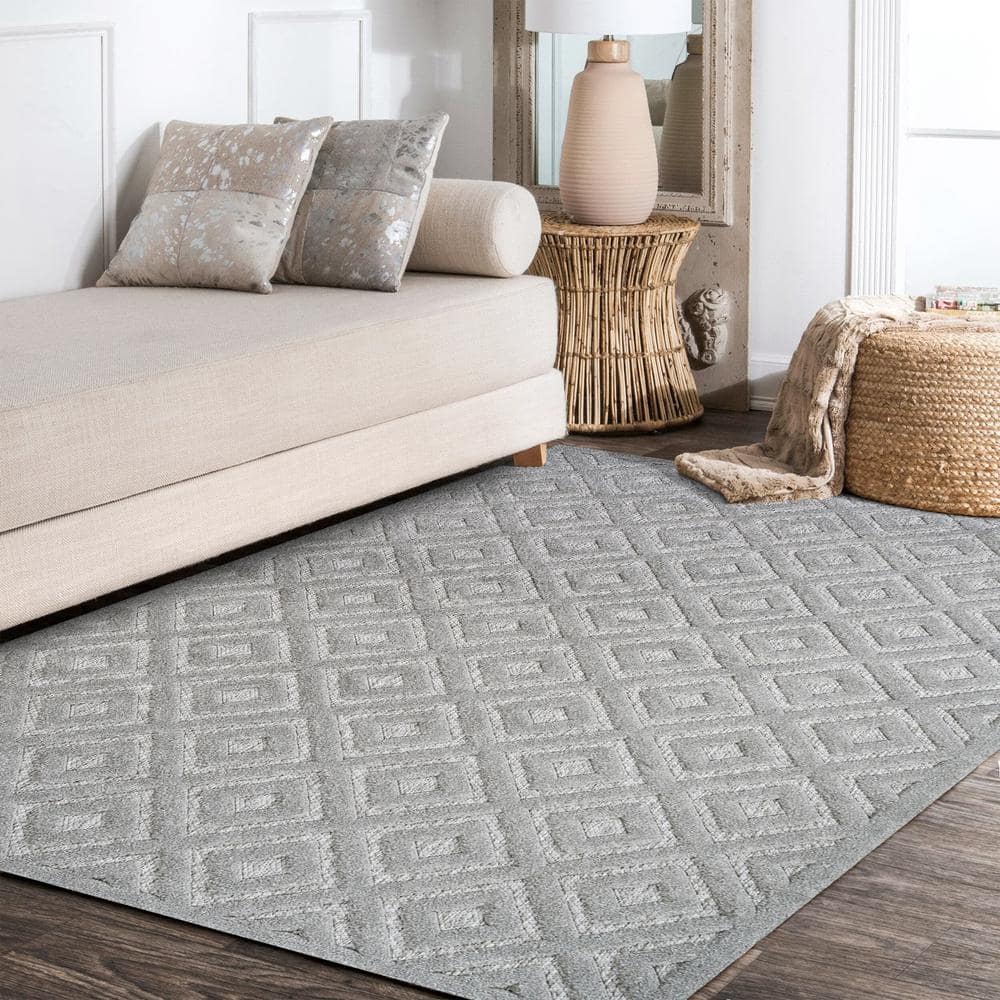 Elysian Light Gray Geometric Synthetic Indoor/Outdoor Rug
