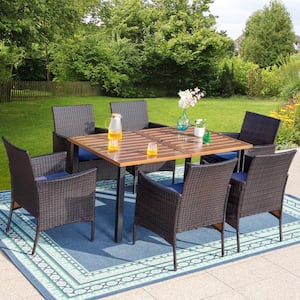Black 7-Piece Metal Patio Outdoor Dining Set with Wood-Look Rectangle Table and Rattan Chairs with Blue Cushion