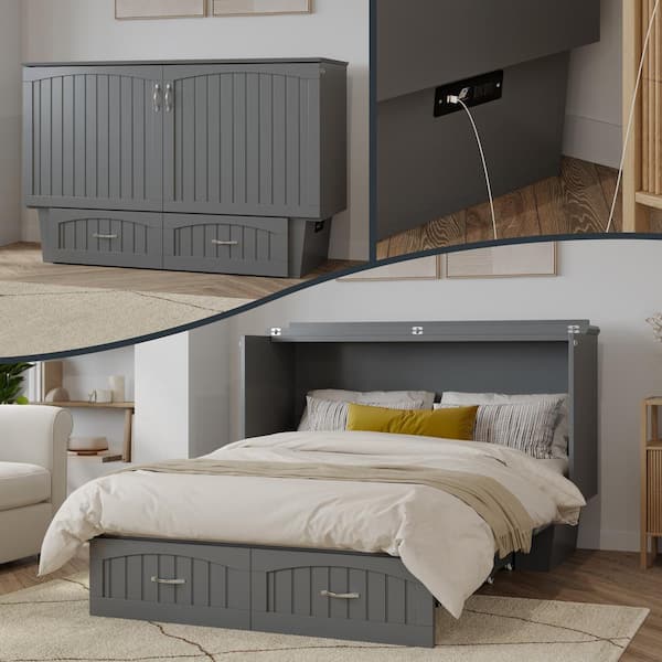 AFI Sydney Queen Grey Wood Murphy Bed Chest with Mattress, Storage & Built-in Charging