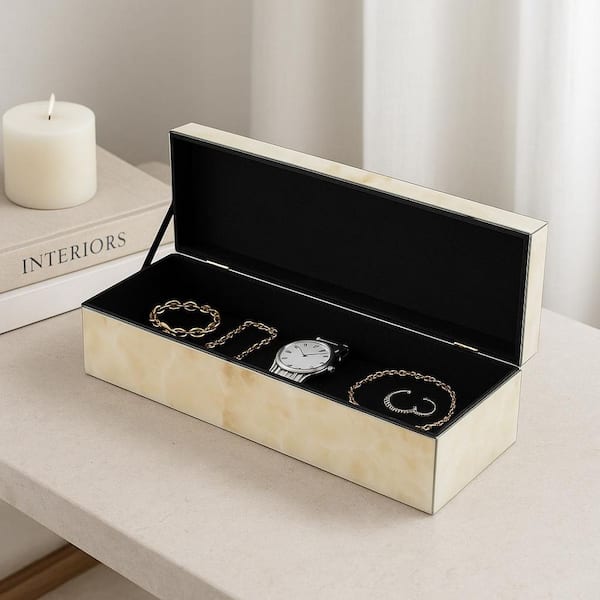 Ivory 17 in. x 5 in. Wood and Glass Decorative Box with Hinged Lid