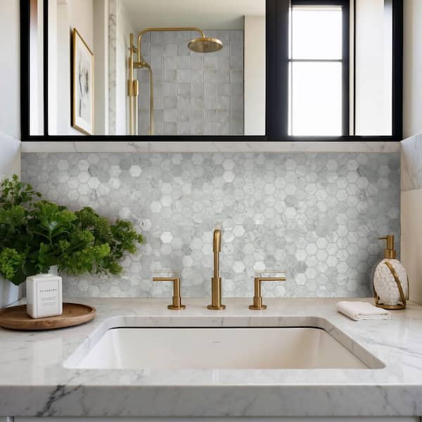 Capri Blue 2 in. Hexagon 12 in. x 12 in. x 0.38 in. Honed Marble Mesh-Mounted Mosaic Tile (9.8 sq. ft./Case)