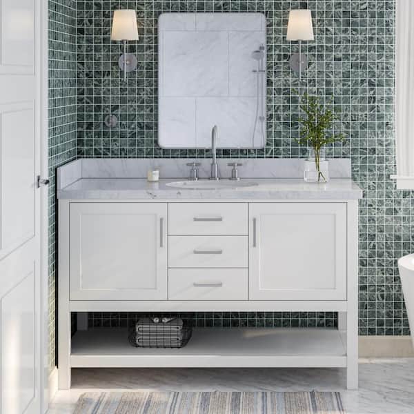 ARIEL Bayhill 55 in. W x 22 in. D x 36 in. H Bath Vanity in White with Carrara White Marble Top