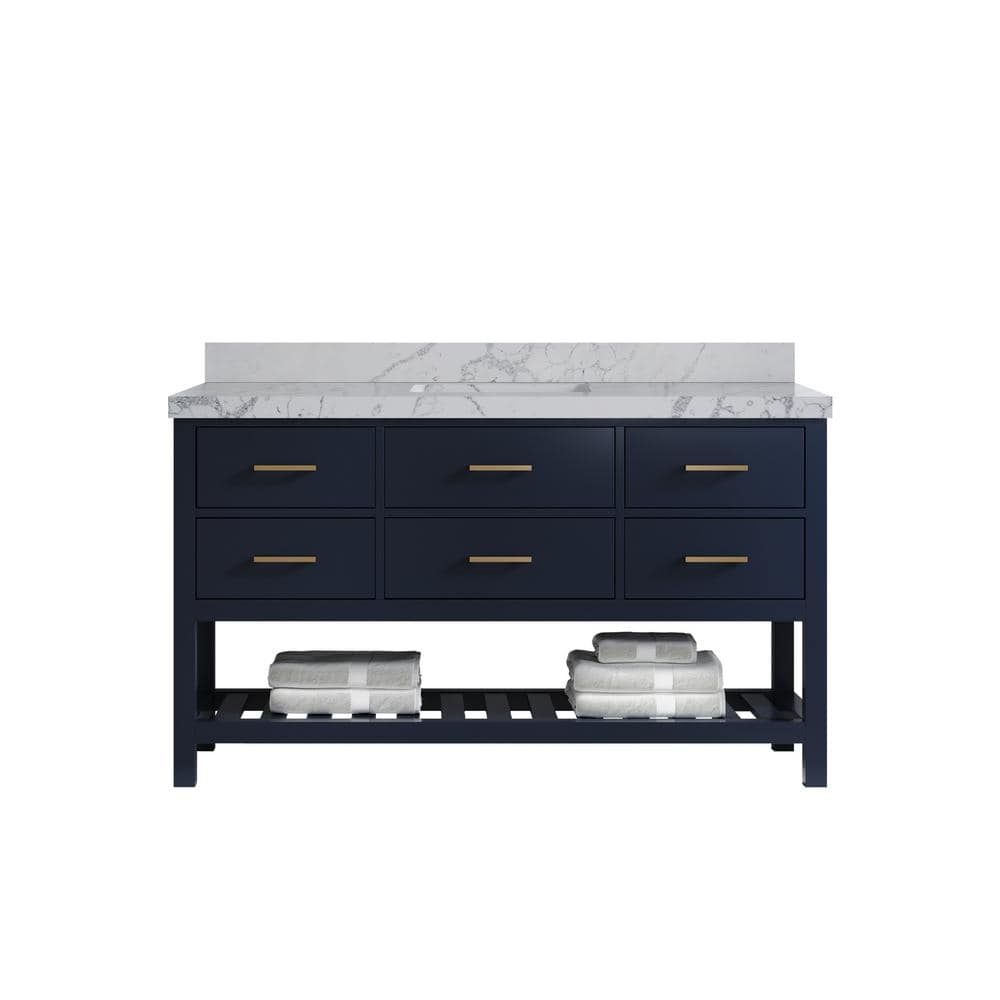 Parker 60 in. Single Sink Freestanding Navy Blue Bath Vanity with Venatino Qt. Top Unassembled price history on PriceWatchPro