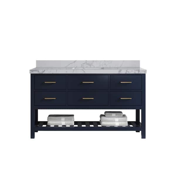Willow Collections Parker 60 in. Single Sink Freestanding Navy Blue Bath Vanity with Venatino Qt. Top Unassembled
