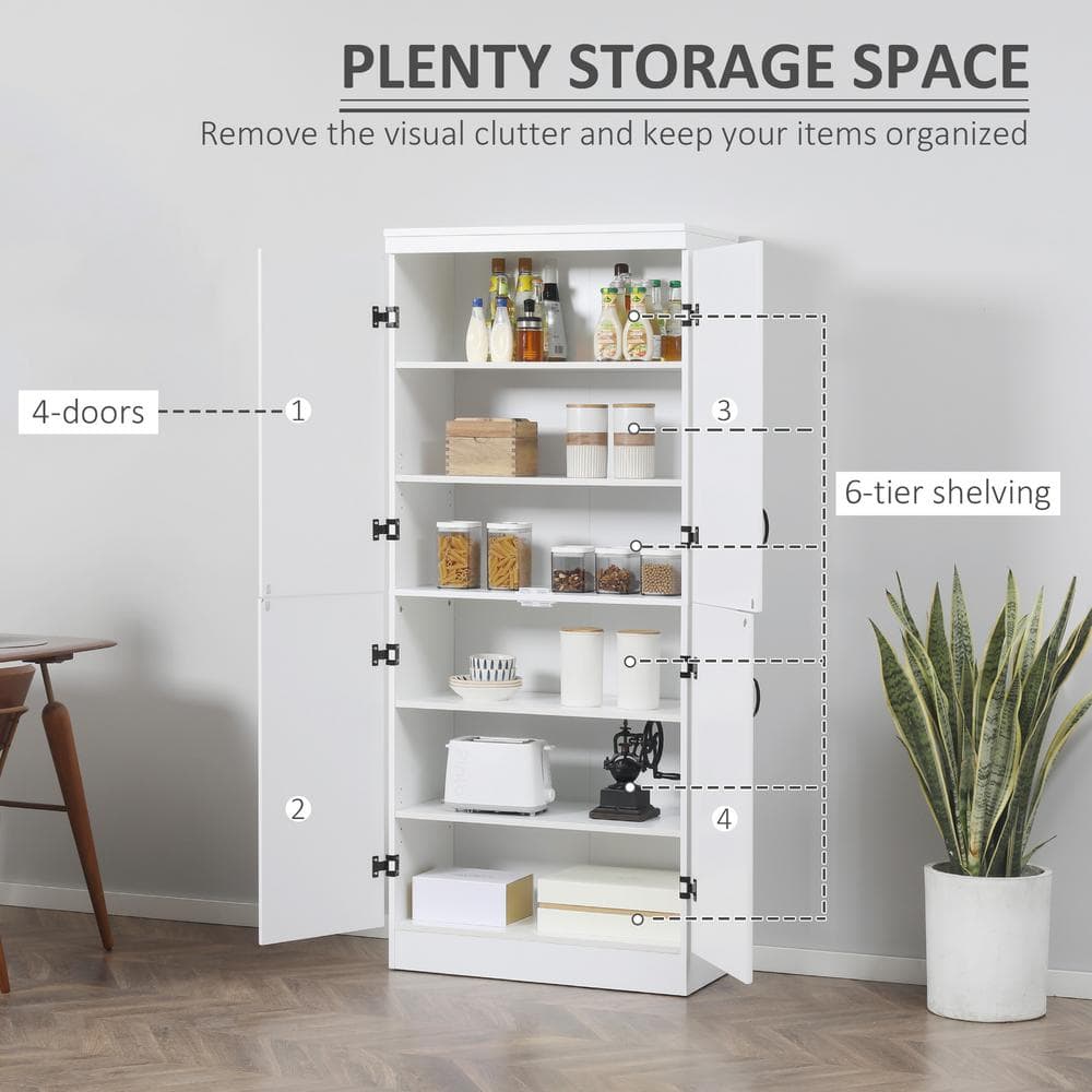 Tall White Freestanding Kitchen Pantry with Adjustable Shelves
