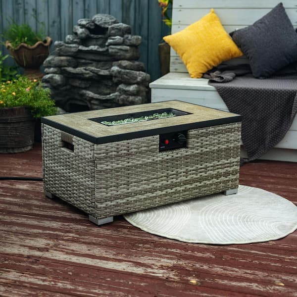 Runesay Beige Rattan Fire Pit Table with Propane Tank Holder, Fire Table with Ceramic Tile Table Top