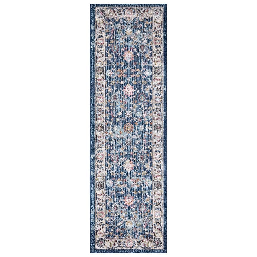 Vintage Navy Blue Polypropylene Border Runner Rug, 2' x 7'