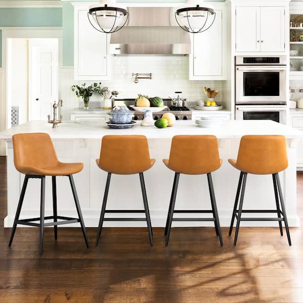 Orangeone Abraham Whiskey Brown 24 in. Low Back Metal Frame Faux Leather Upholstered Cushioned Counter Height Bar Stool (Set of 4)