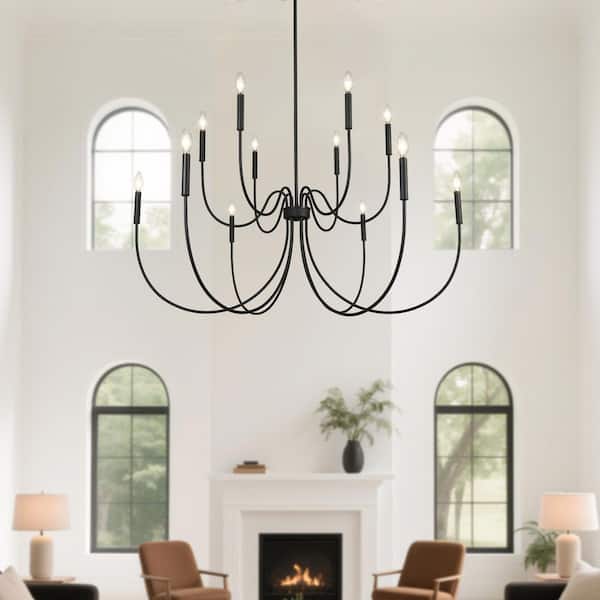 47.2 in. 12-Light Matte Black Large Island Candlestick Chandelier 2-Tier Hanging Light for Living Room Dining Room Foyer