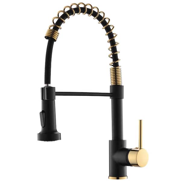 Satico Single Handle 16.3 in. Pull Down Sprayer Kitchen Faucet with 360 Degree Spout Swivel Spray head in Black Titanium Gold