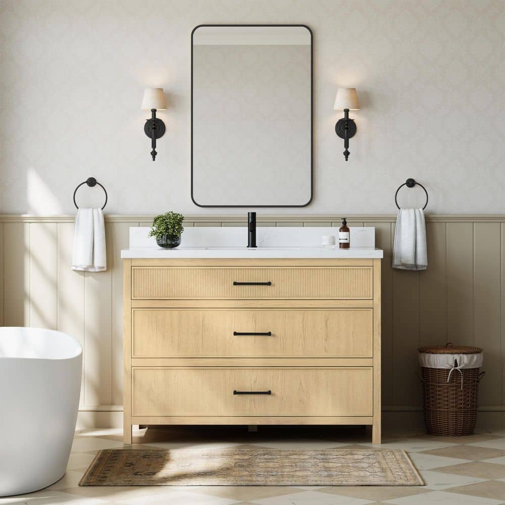 Isola 48 in. Single Freestanding Scandinavian Oak with Matte Black Trim Bath Vanity with Giotto Quartz Top price history on PriceWatchPro