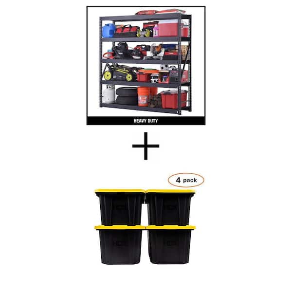 5-Shelf Metal Garage Storage Shelving Unit (90 in.x90 in.x24 in.) with 27 Gal. Black/Yellow Storage Tote Combo (4-Pack)