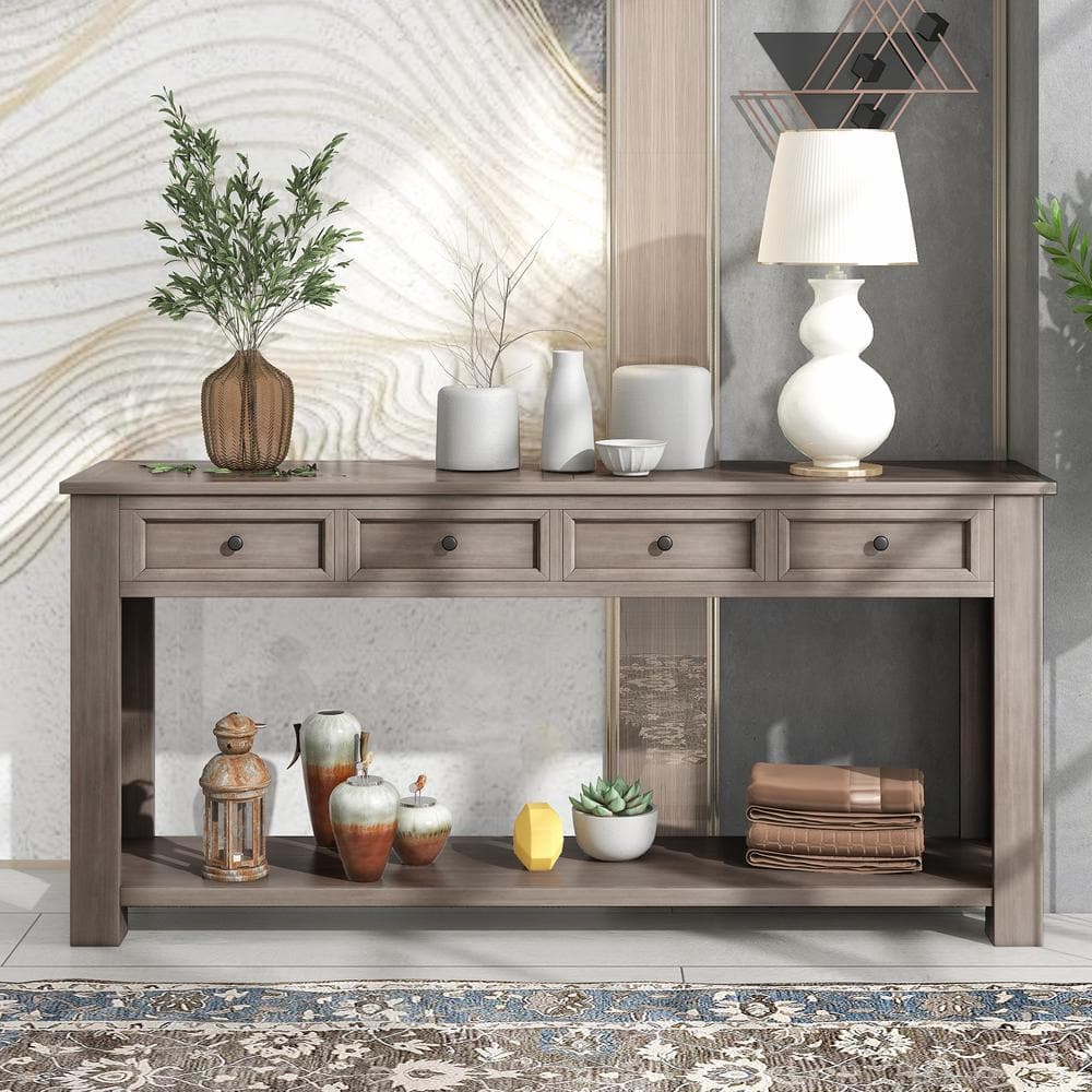 Harper Bright Designs 64.2 in. Gray Standard Rectangle Wood Console Table with 4 Storage Drawers and Bottom Shelf XW002AAE The Home Depot