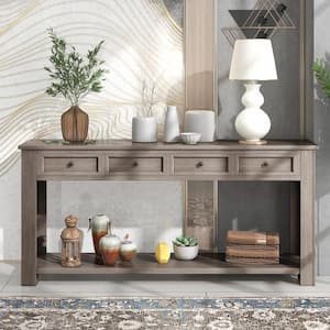 64.2 in. Gray Standard Rectangle Wood Console Table with 4-Storage Drawers and Bottom Shelf
