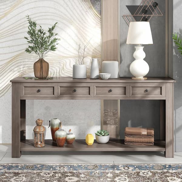 Harper & Bright Designs 64.2 in. Gray Standard Rectangle Wood Console Table with 4-Storage Drawers and Bottom Shelf