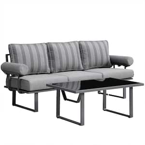 Teton Grand Gray 2-Piece Aluminum Outdoor Patio Conversation Set with Stripe Gray Cushions and a Coffee Table
